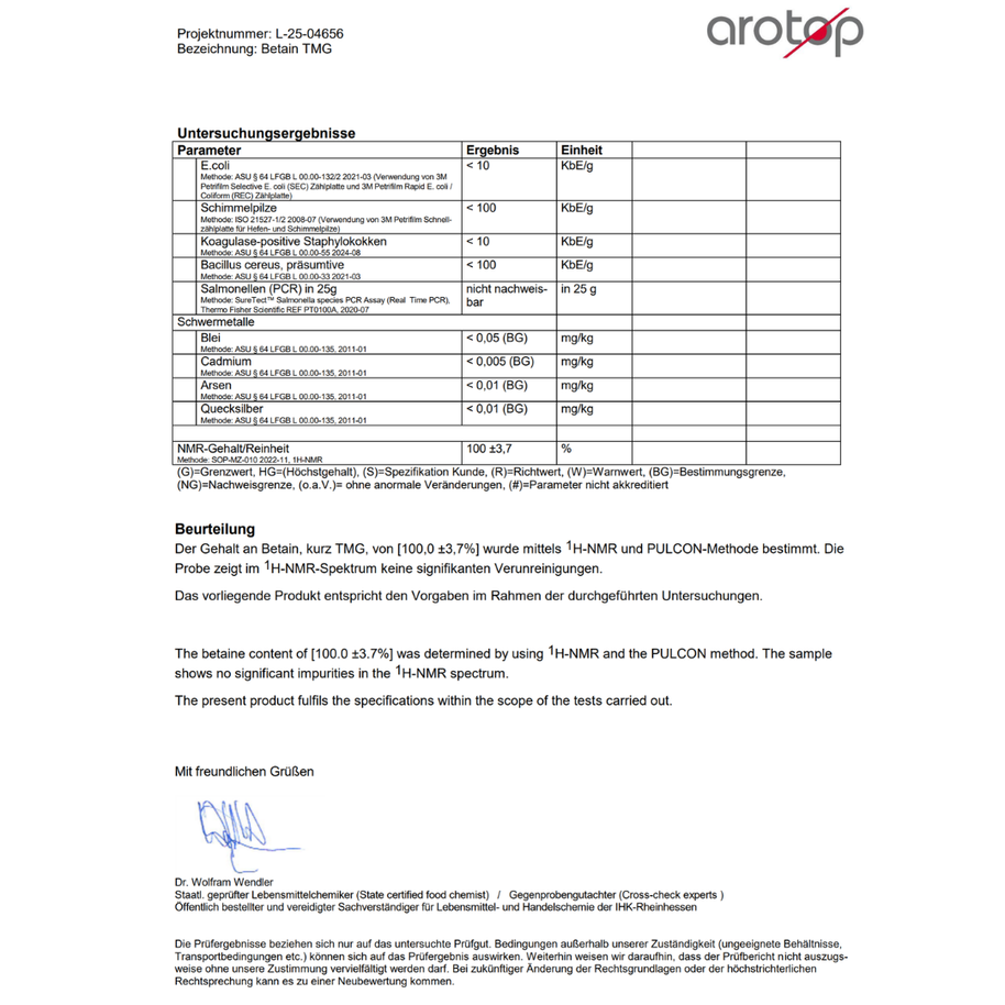 Analysenzertifikat zum Betain TMG Pulver von neotes mit Angaben zu Laborprüfung und Reinheit