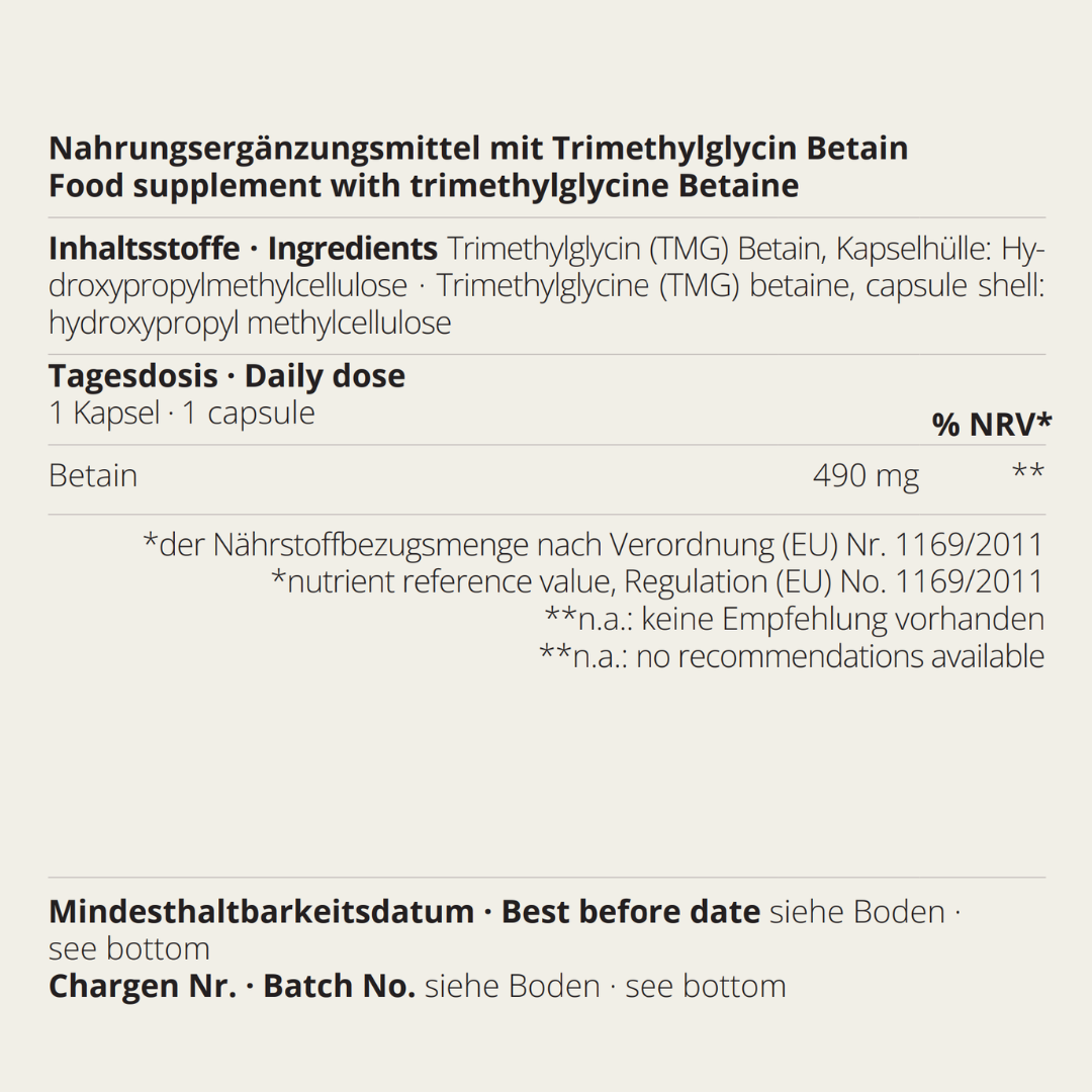 Betain TMG Inhaltsstoffdarstellung mit Trimethylglycin und zweisprachigem Label von neotes