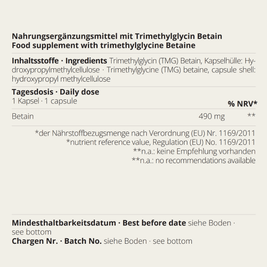 Betain TMG Inhaltsstoffdarstellung mit Trimethylglycin und zweisprachigem Label von neotes