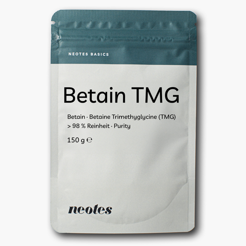 Betain TMG Pulver von neotes im Beutel als Produktfoto auf hellem Hintergrund