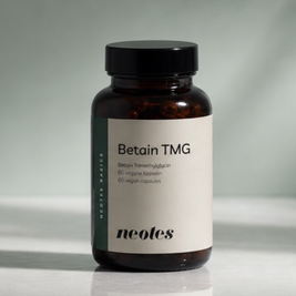 Betain TMG Kapseln von neotes in Braunglasflasche mit weißem Etikett als Produktfoto