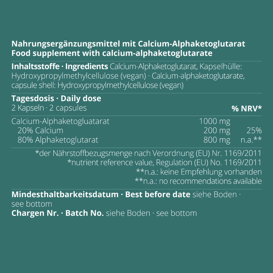 Calcium-Alphaketoglutarat Kapseln von neotes mit Inhaltsstoffen, Nährwerten und Tagesdosis