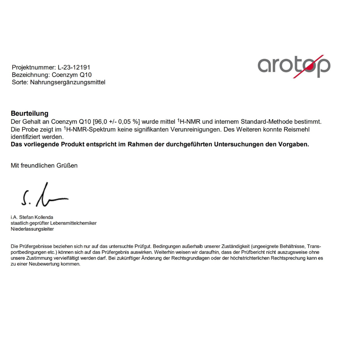 Laborbericht und Qualitätsnachweis zu Coenzym Q10 Kapseln von neotes auf hellem Hintergrund