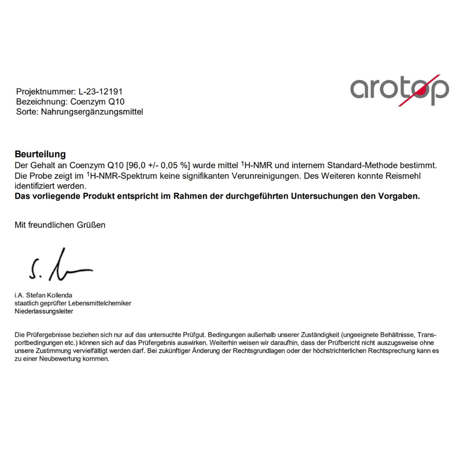 Laborbericht und Qualitätsnachweis zu Coenzym Q10 Kapseln von neotes auf hellem Hintergrund