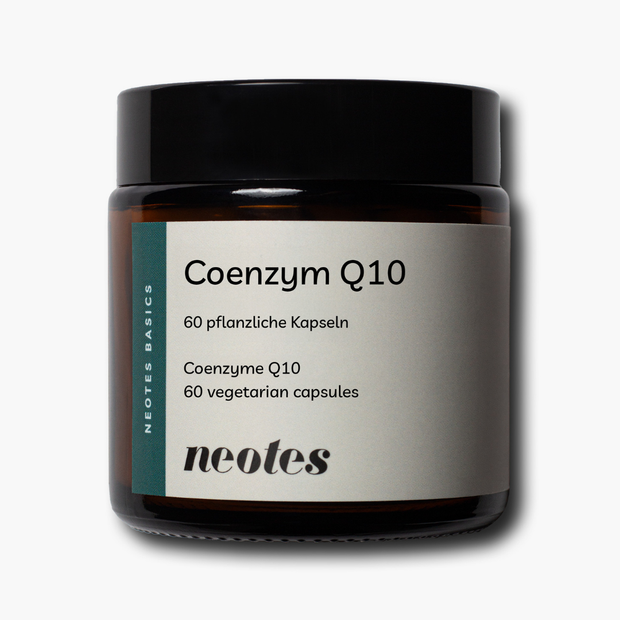 Coenzym Q10 Kapseln von neotes als Produktdose mit weißem Etikett auf hellem Hintergrund
