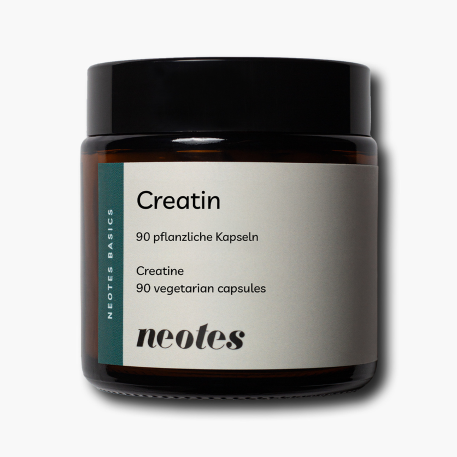 Creatin Kapseln von neotes als Produktdose mit weißem Etikett auf hellem Hintergrund