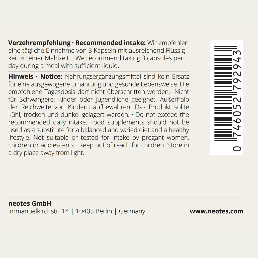 Rückseitenlabel der Creatin Kapseln von neotes mit Verzehrempfehlung und Hinweistext