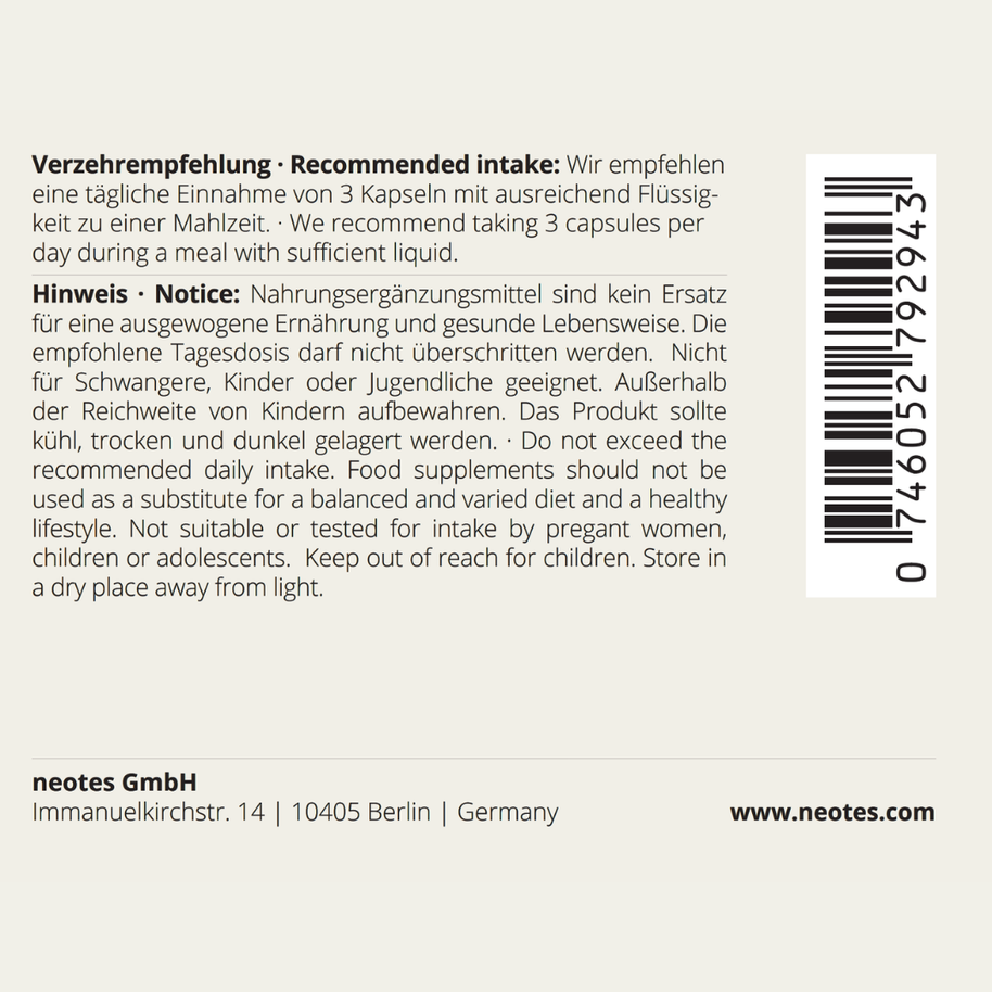 Rückseitenlabel der Creatin Kapseln von neotes mit Verzehrempfehlung und Hinweistext