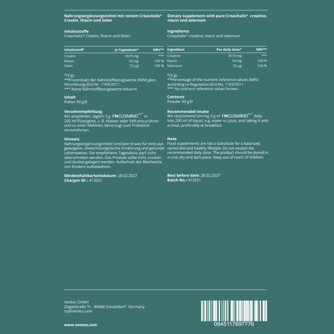 Rückseite des Focusmind Pro© Beutels von neotes mit Inhaltsstoffen und Nährwertangaben