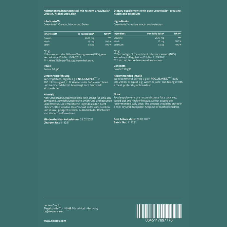 Rückseite des Focusmind Pro© Beutels von neotes mit Inhaltsstoffen und Nährwertangaben