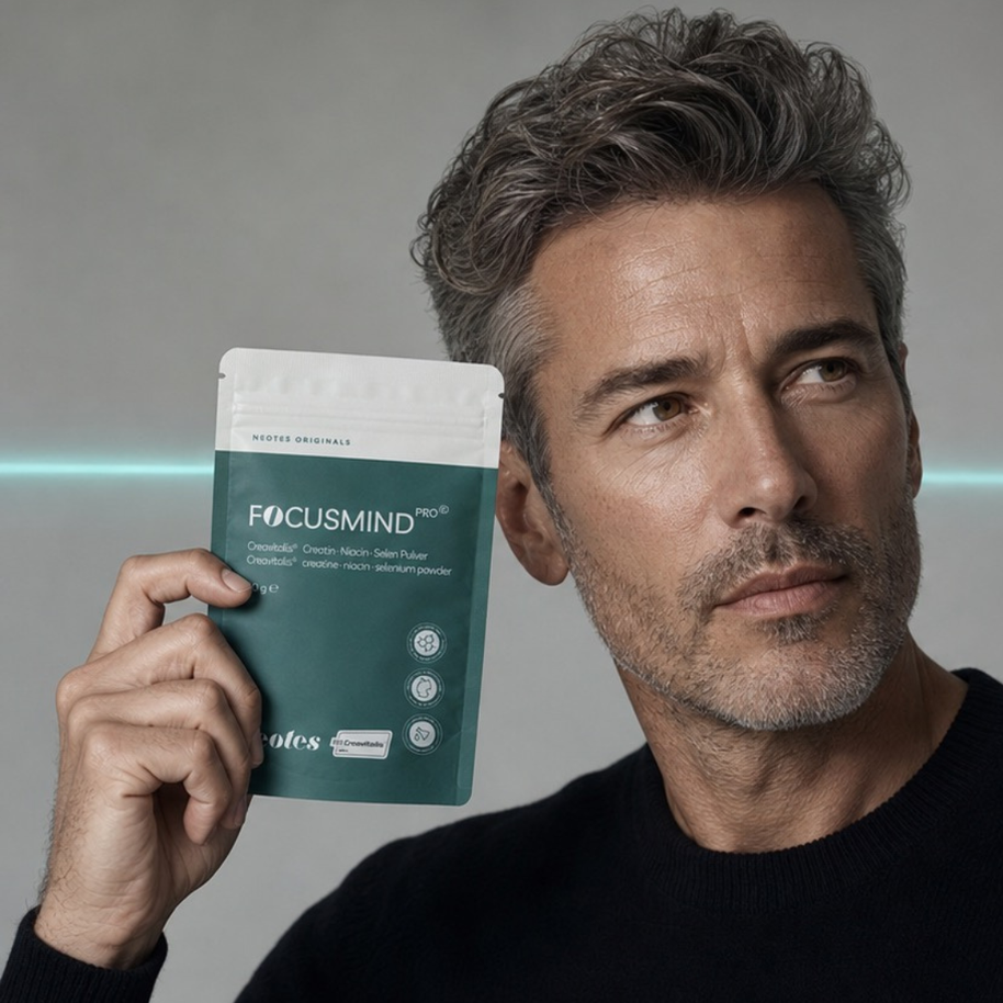 Mann hält einen Beutel Focusmind Pro© Pulver von neotes in einer ruhigen Lifestyle-Szene