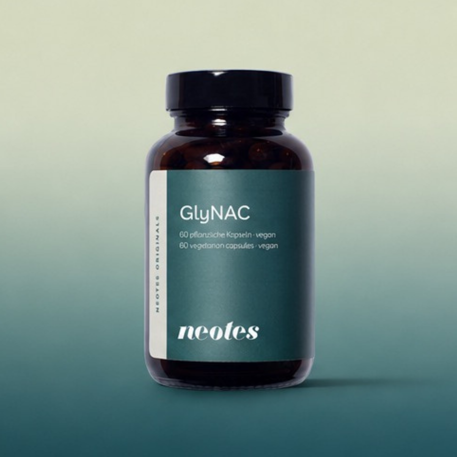 GlyNAC Kapseln von neotes als Tiegel-Packshot vor einem sanften Verlaufshintergrund