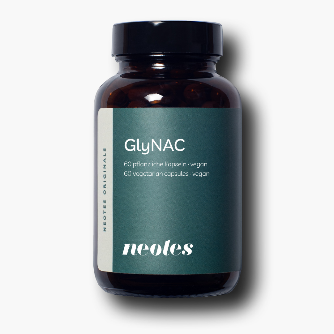 GlyNAC Kapseln von neotes als veganes Kapselprodukt im Tiegel auf hellem Hintergrund