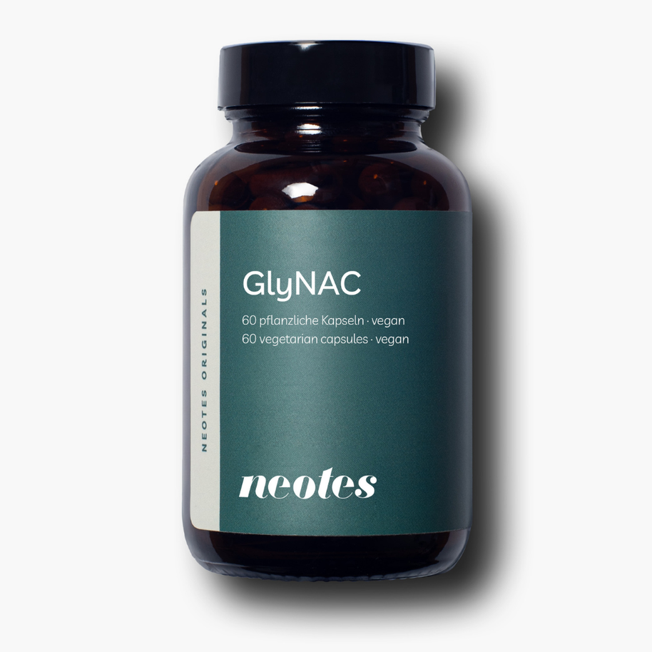GlyNAC Kapseln von neotes als veganes Kapselprodukt im Tiegel auf hellem Hintergrund