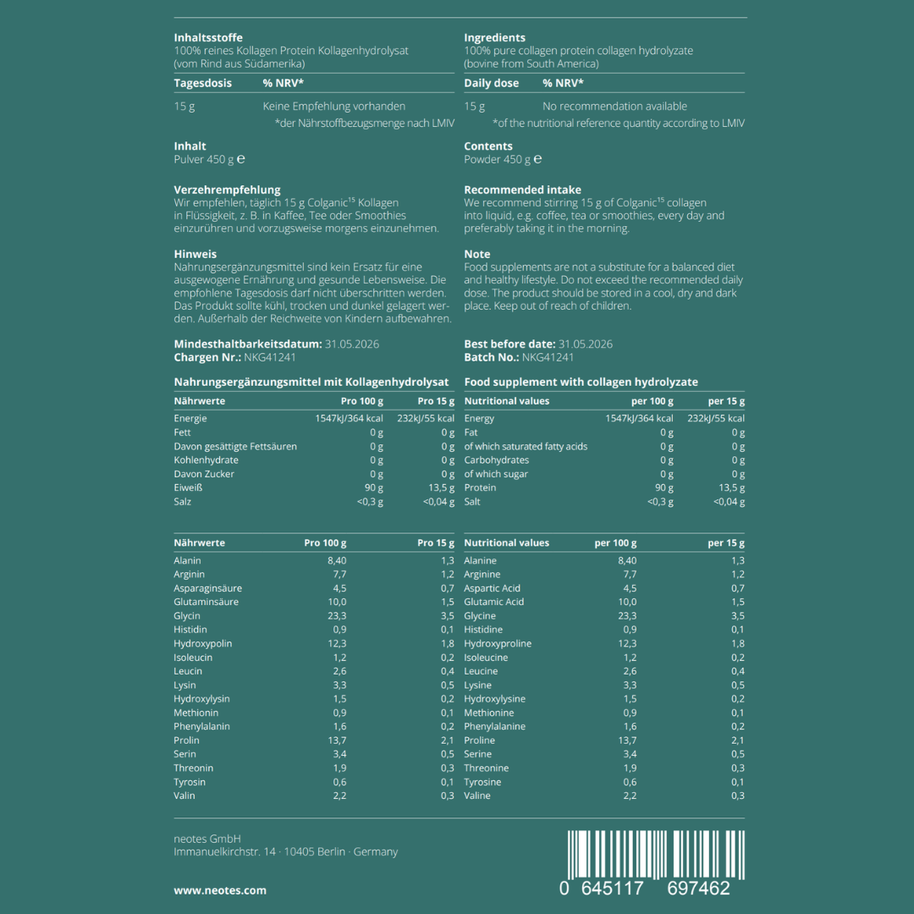 Kollagen Hydrolysat Pulver von neotes mit Inhaltsstoffen, Nährwerten und Produktdetails auf dem Label