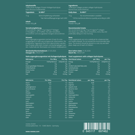 Kollagen Hydrolysat Pulver von neotes mit Inhaltsstoffen, Nährwerten und Produktdetails auf dem Label