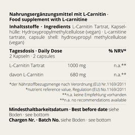 Rückseitenlabel der L-Carnitin Kapseln von neotes mit Inhaltsstoffen und Tagesdosis