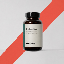 L-Carnitin Kapseln von neotes als Packshot mit Tiegel und rotem grafischem Akzent