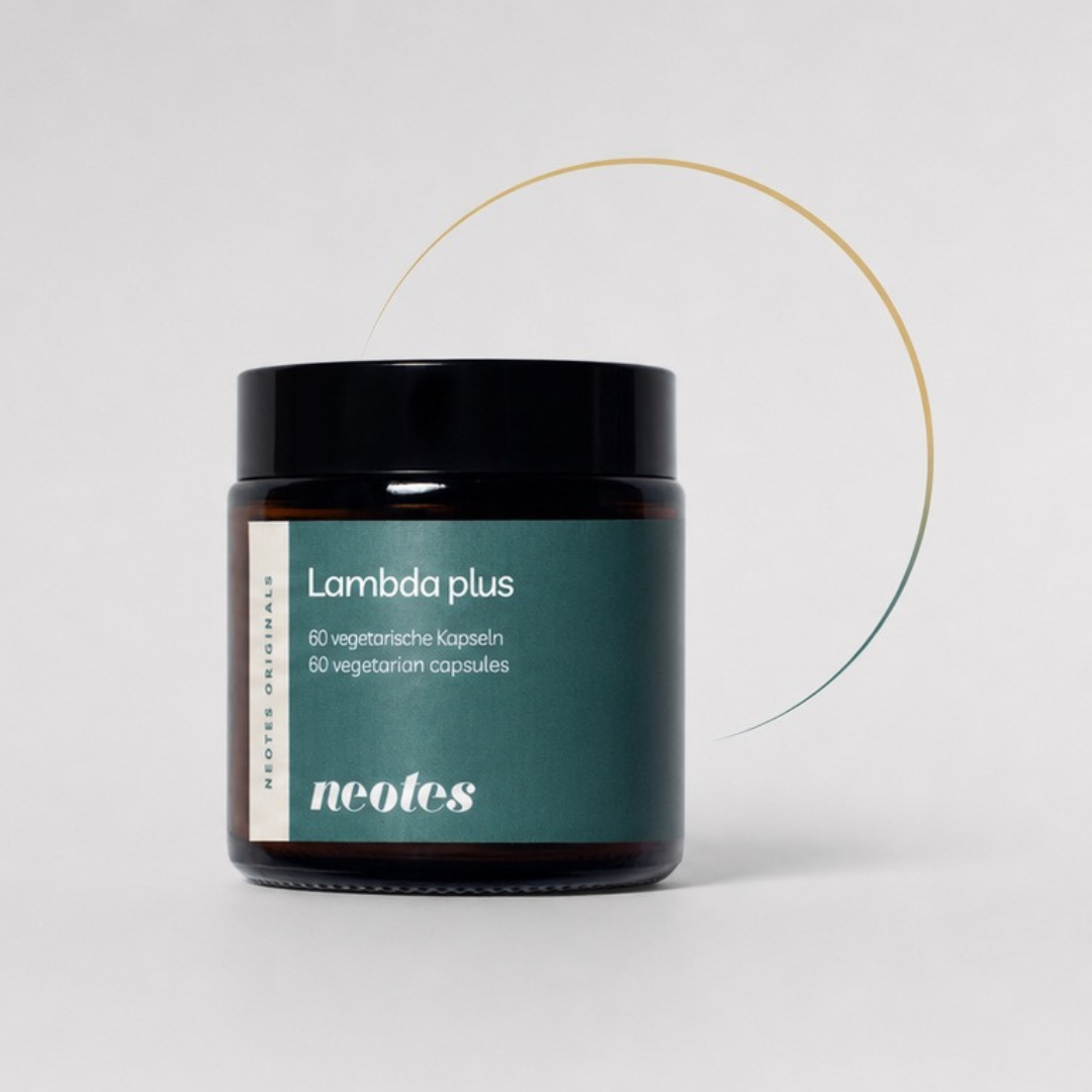 Lambda plus Kapseln von neotes als Tiegel-Packshot vor einem dezenten Farbbogen