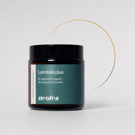 Lambda plus Kapseln von neotes als Tiegel-Packshot vor einem dezenten Farbbogen