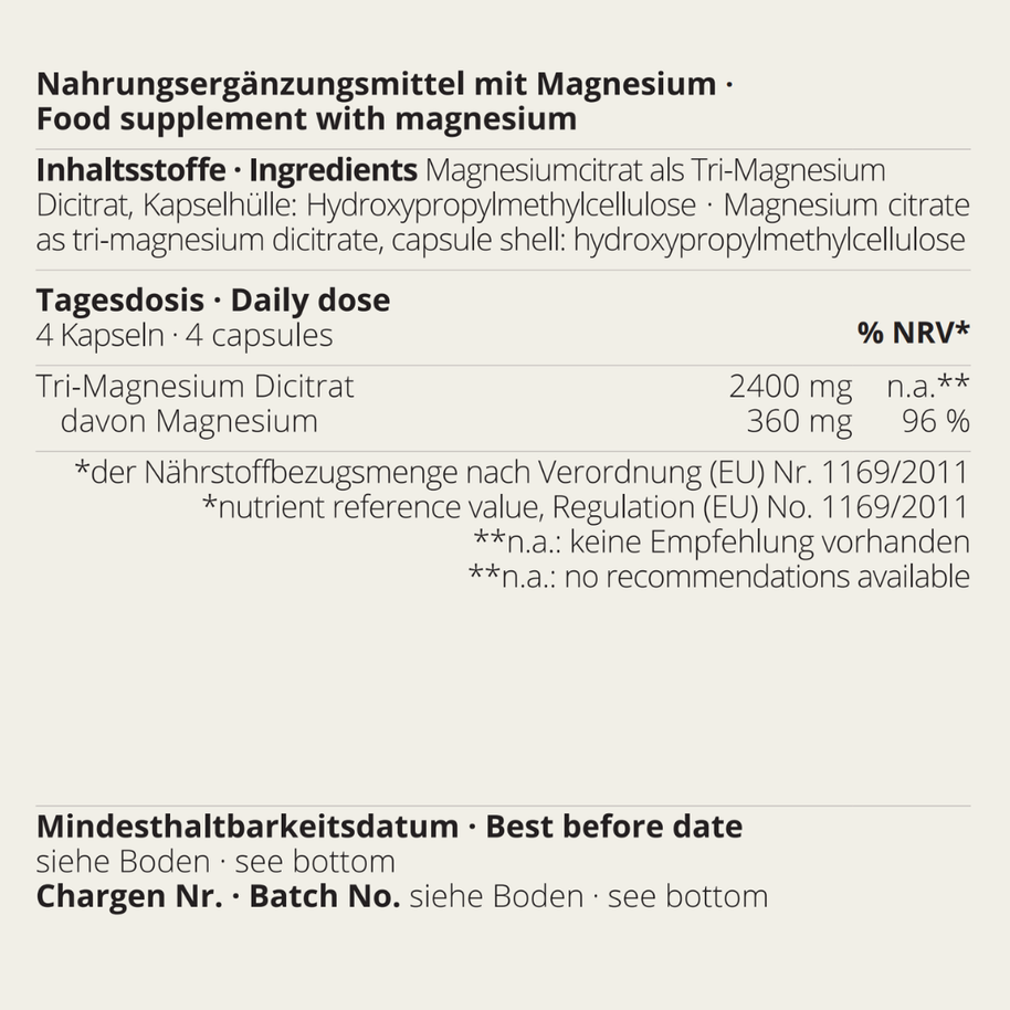 Magnesiumcitrat Kapseln von neotes mit Inhaltsstoffen, Tagesdosis und Produktdetails auf dem Label