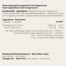 Magnesiumcitrat Kapseln von neotes mit Inhaltsstoffen, Tagesdosis und Produktdetails auf dem Label