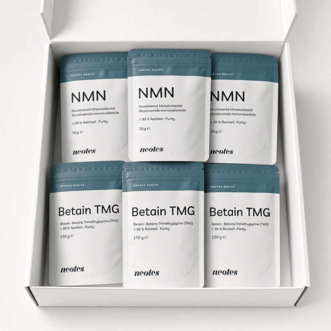 Lab Bundle von neotes mit NMN und Betain TMG in hochwertiger Geschenkbox arrangiert