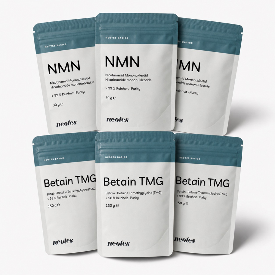Lab Bundle von neotes mit NMN und Betain TMG als Mehrfachpackung auf hellem Hintergrund