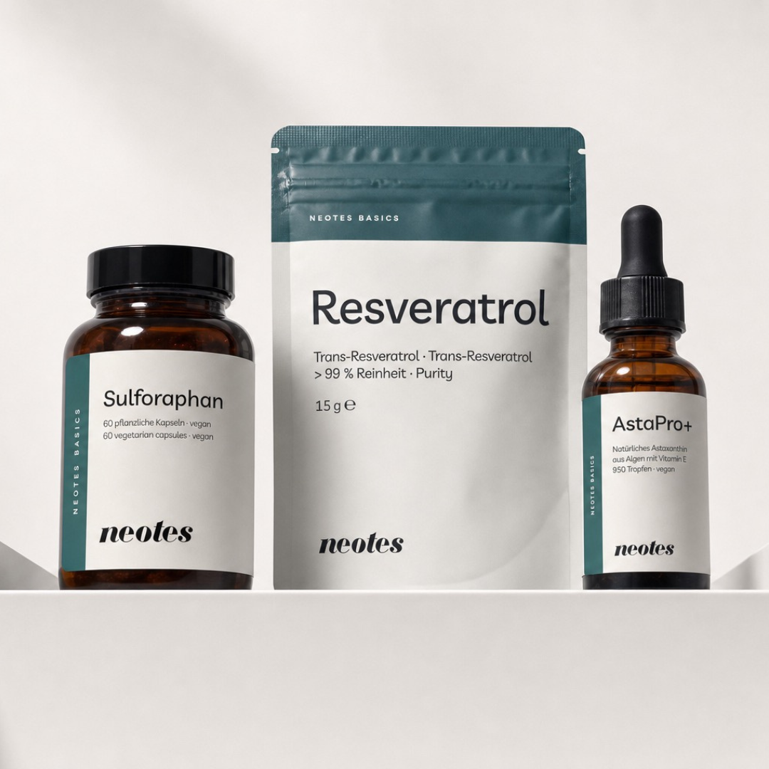 Inflame Bundle von neotes mit Sulforaphan, Resveratrol und AstaPro in einer Lifestyle-Szene