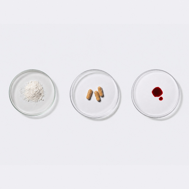 Ingredients of the neotes Inflame Bundle in Petri dishes on a light laboratory table