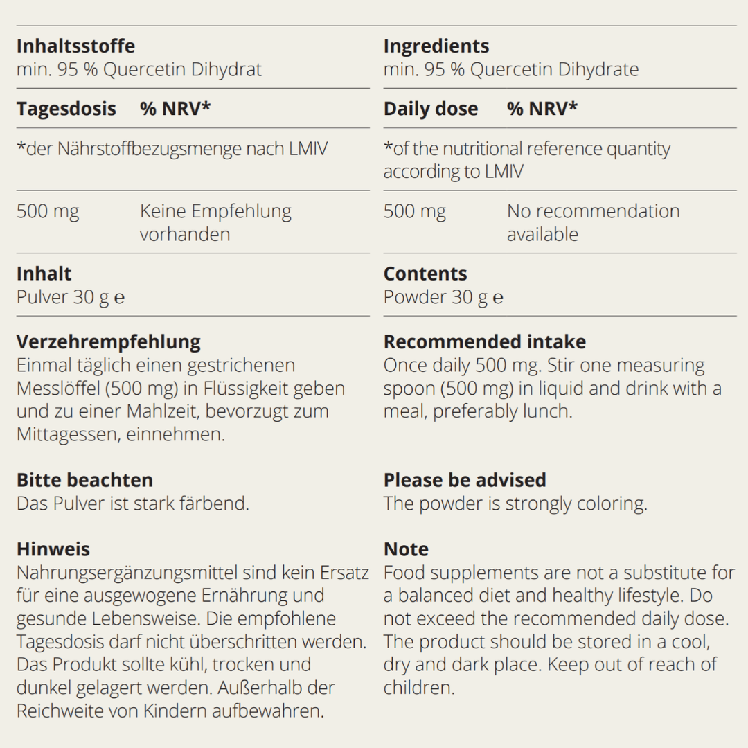 Quercetin Pulver Etikett mit Inhaltsstoffen und Verzehrempfehlung auf Deutsch und Englisch