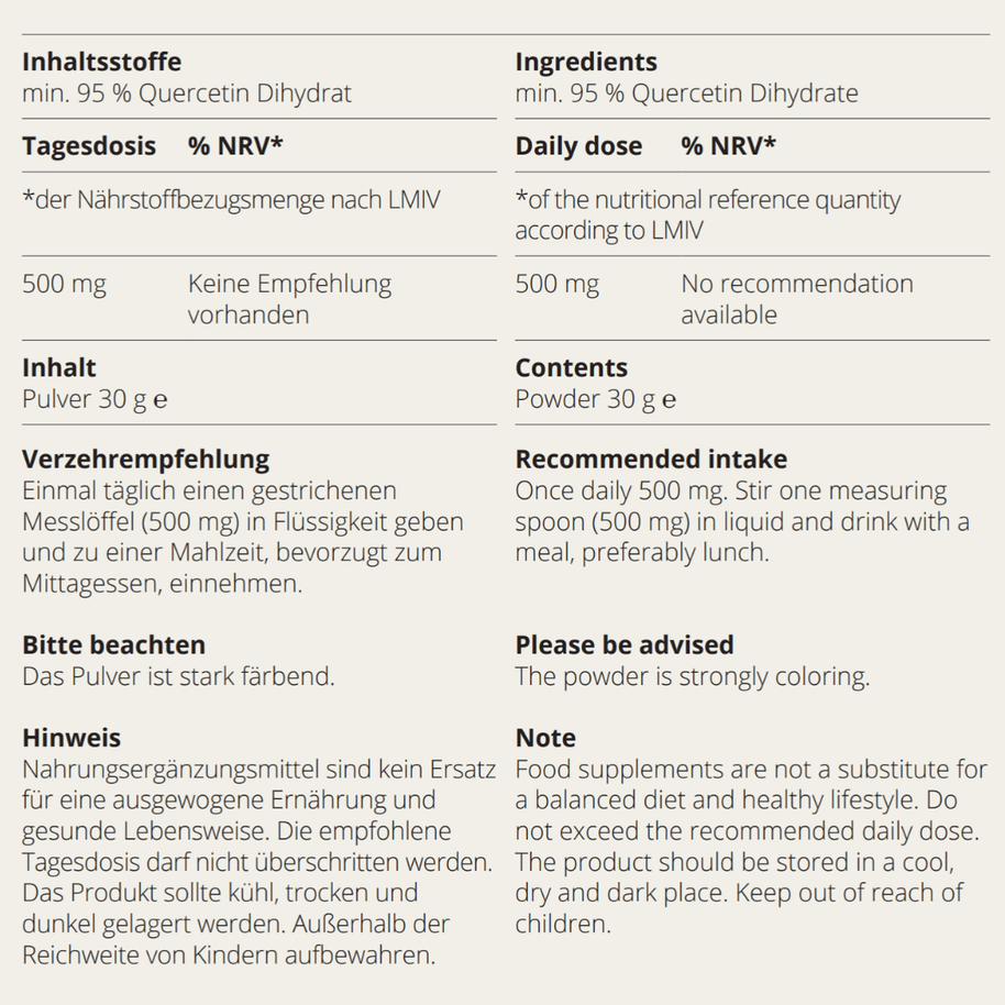 Quercetin Pulver Etikett mit Inhaltsstoffen und Verzehrempfehlung auf Deutsch und Englisch