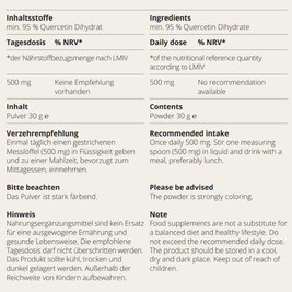 Quercetin Pulver Etikett mit Inhaltsstoffen und Verzehrempfehlung auf Deutsch und Englisch