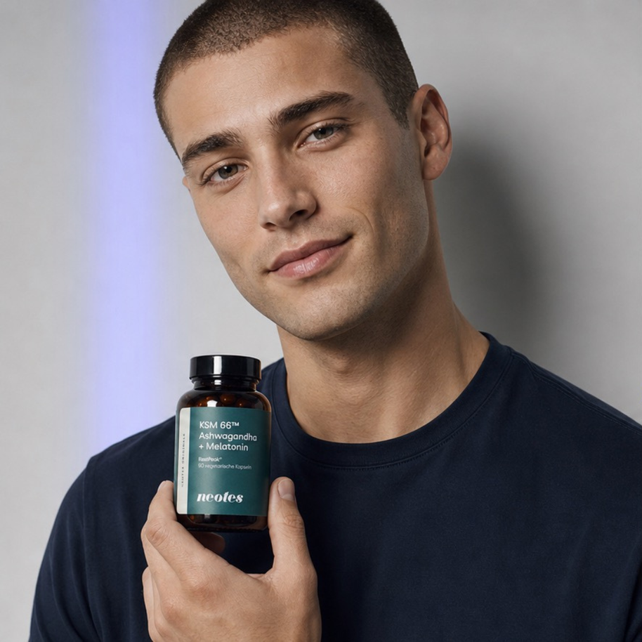 Mann hält einen Tiegel RestPeak® Kapseln von neotes in einer ruhigen Lifestyle-Szene