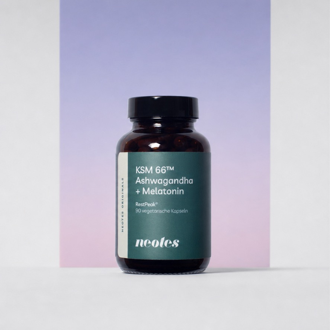 RestPeak® Kapseln von neotes als Packshot mit Tiegel auf sanftem Farbverlauf