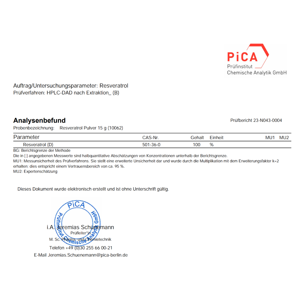 Resveratrol Pulver von neotes mit Analysenzertifikat und Laborbericht zur Produktprüfung