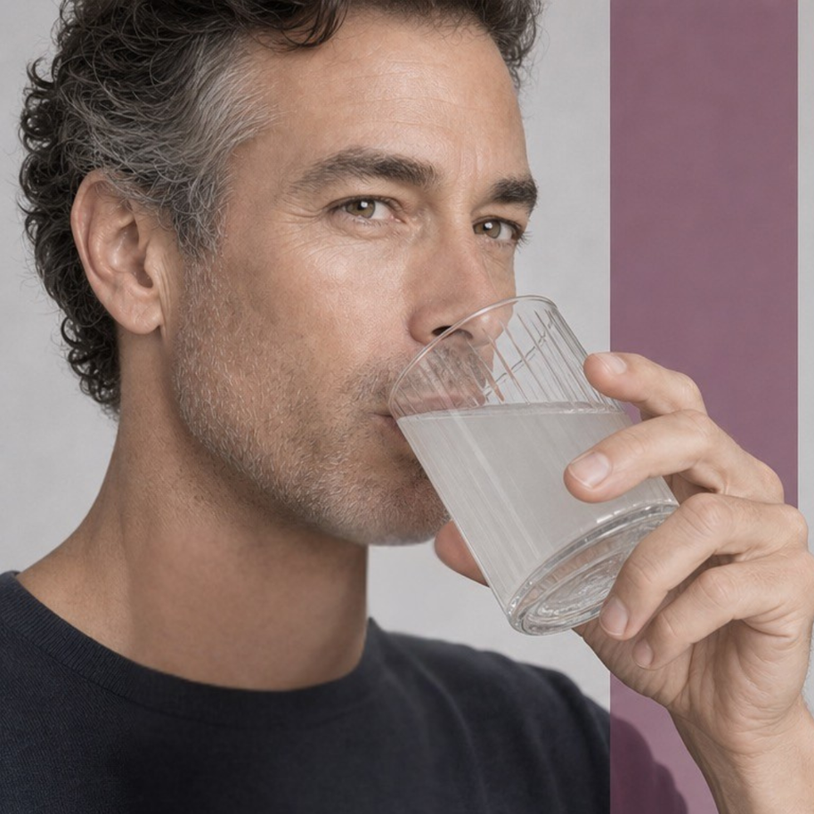 Mann bereitet Resveratrol Pulver von neotes in einem Trinkglas zur Einnahme vor
