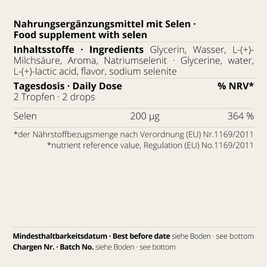 Selen Tropfen von neotes mit sichtbarem Etikett zu Inhaltsstoffen und empfohlener Tagesdosis