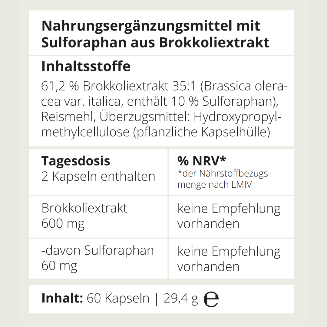 Sulforaphan Kapseln von neotes mit Hinweis auf Brokkoliextrakt und empfohlene Tagesdosis