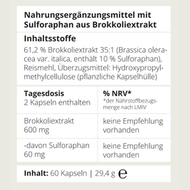 Sulforaphan Kapseln von neotes mit Hinweis auf Brokkoliextrakt und empfohlene Tagesdosis
