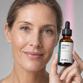 Frau hält eine Flasche Vitamin B12 Tropfen von neotes in einer hellen Lifestyle-Szene