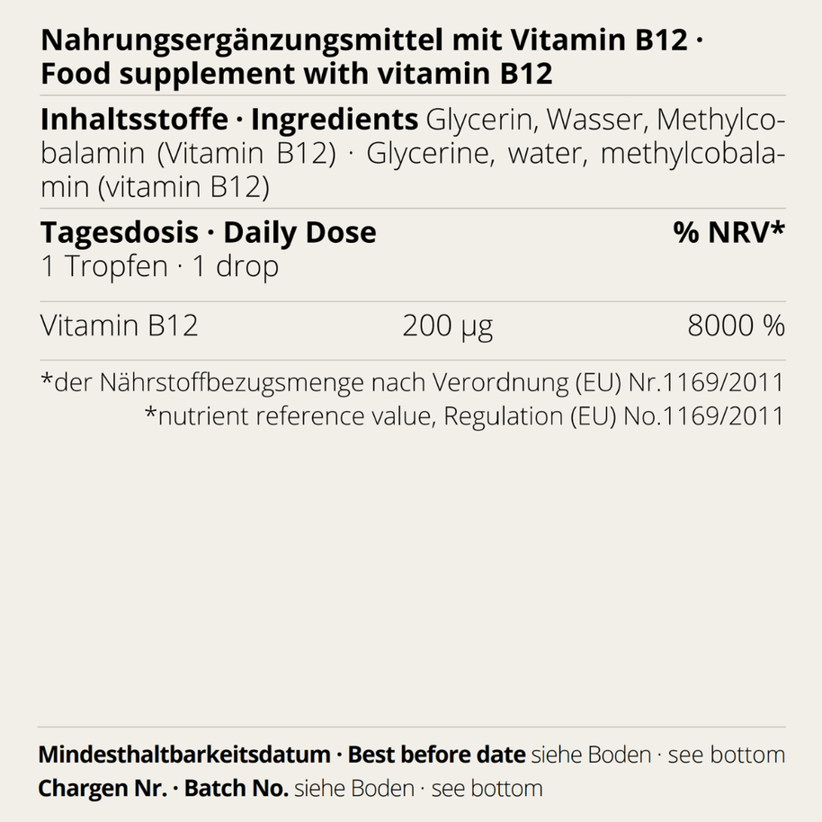 Vitamin B12 Tropfen von neotes mit Inhaltsstoff- und Tagesdosis-Hinweis auf dem Etikett