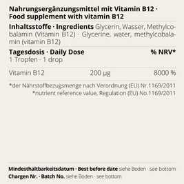 Vitamin B12 Tropfen von neotes mit Inhaltsstoff- und Tagesdosis-Hinweis auf dem Etikett