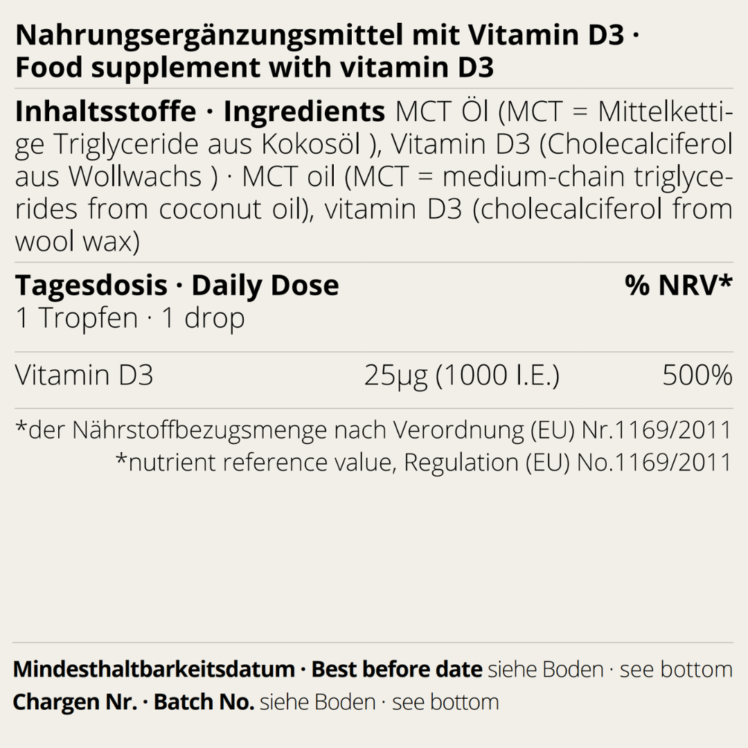 Vitamin D3 Öl Etikett mit Inhaltsstoffen und Tagesdosis auf Deutsch und Englisch