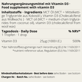 Vitamin D3 Öl Etikett mit Inhaltsstoffen und Tagesdosis auf Deutsch und Englisch