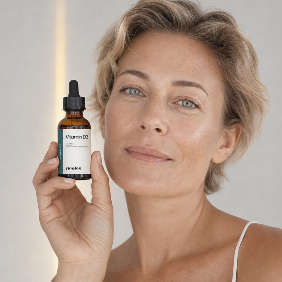 Best-Ager-Frau in heller Lifestyle-Aufnahme zum Vitamin D3 Öl von neotes