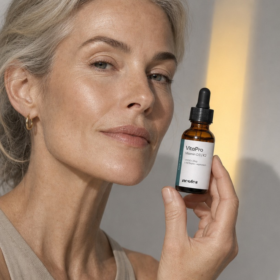 Frau in heller Lifestyle-Szene mit Bezug zu Vitamin D3/K2 MK-7 Öl von neotes
