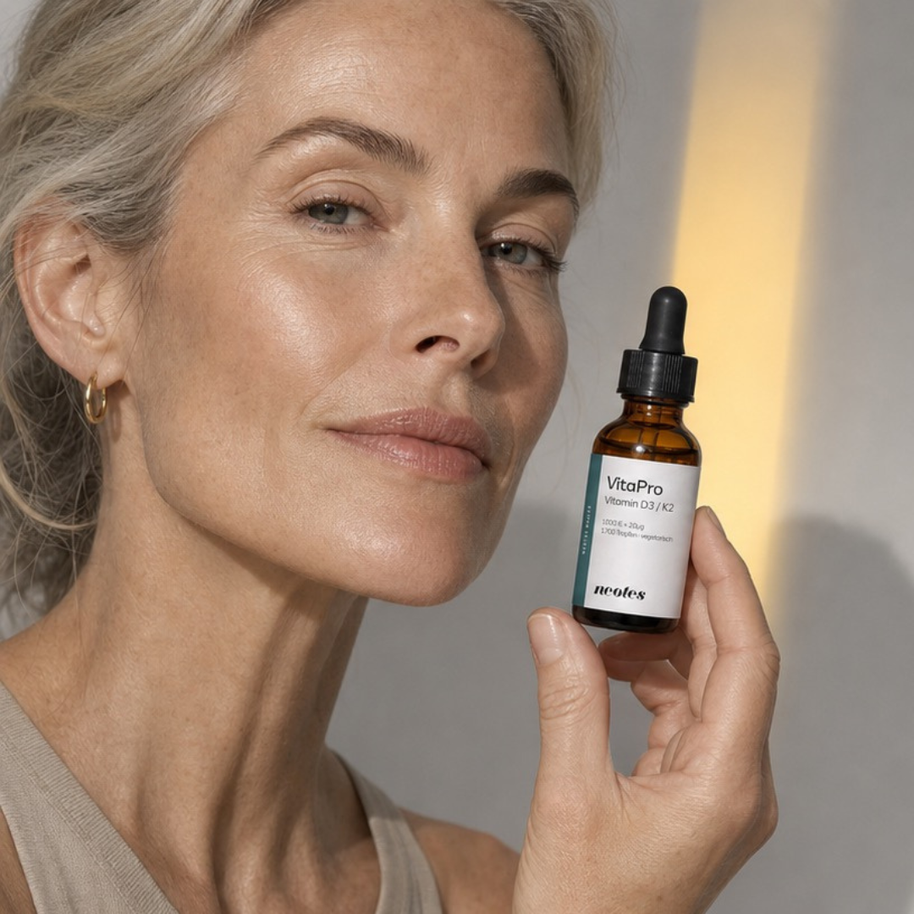 Frau in heller Lifestyle-Szene mit Bezug zu Vitamin D3/K2 MK-7 Öl von neotes