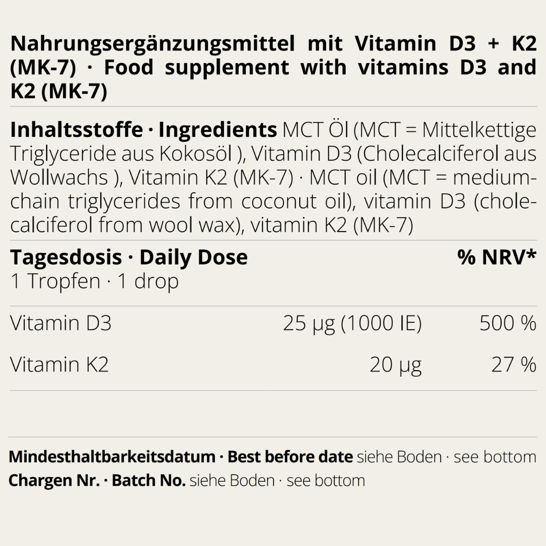Vitamin D3/K2 MK-7 Öl von neotes mit sichtbarem Etikett zu Inhaltsstoffen und Tagesdosis