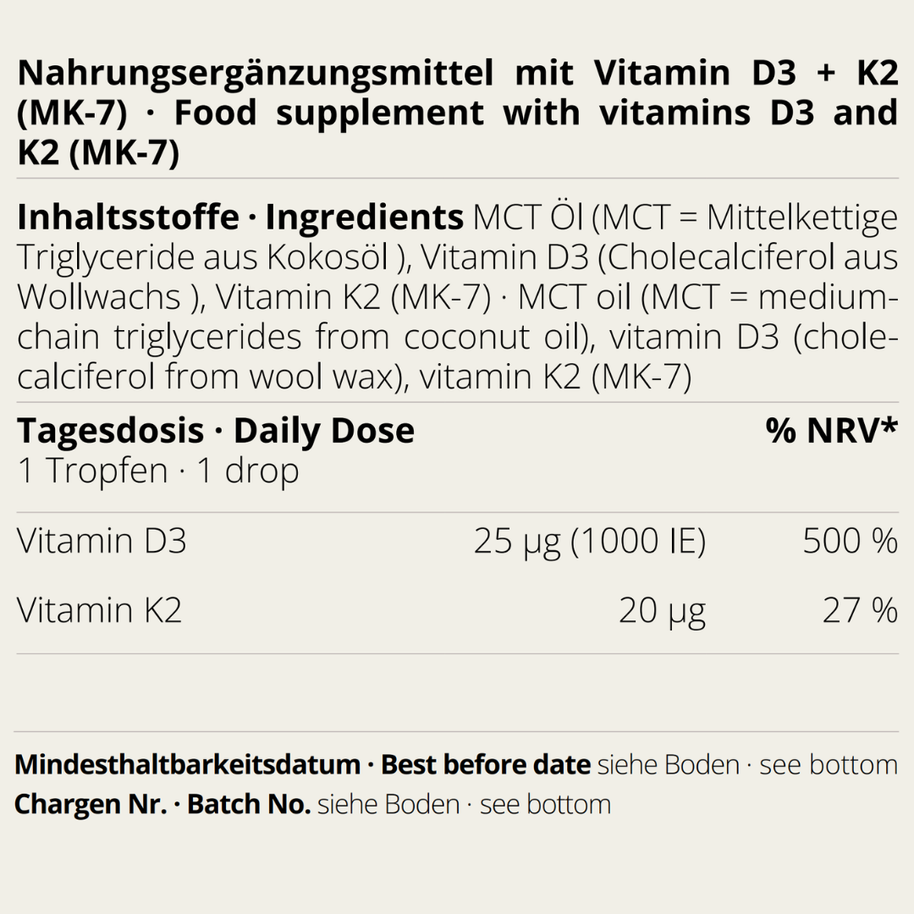 Vitamin D3/K2 MK-7 Öl von neotes mit sichtbarem Etikett zu Inhaltsstoffen und Tagesdosis